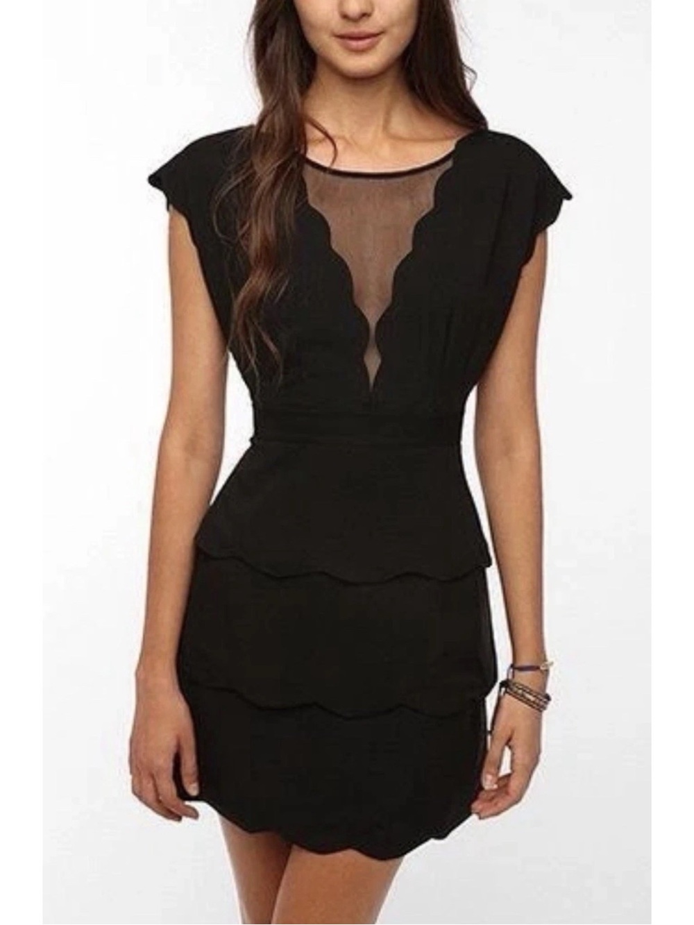COINCIDENCE & CHANCE Black Scalloped Tiered Mini Dress, Med, NWOT